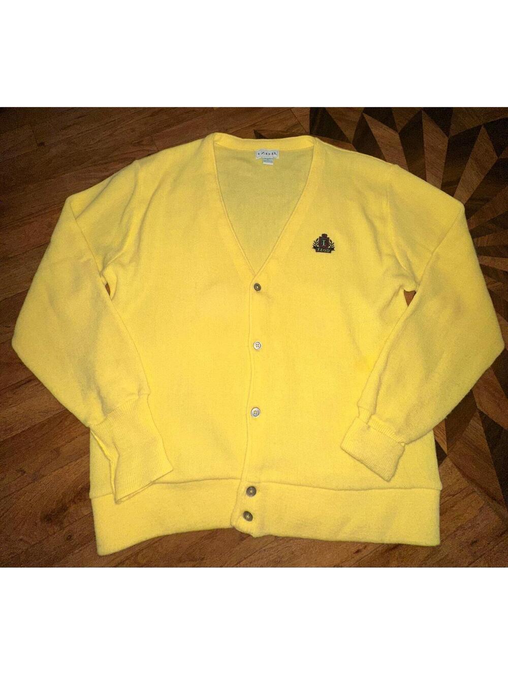 Vintage IZOD Knit Golf Preppy Sweater Cardigan Mens XL Butter Yellow